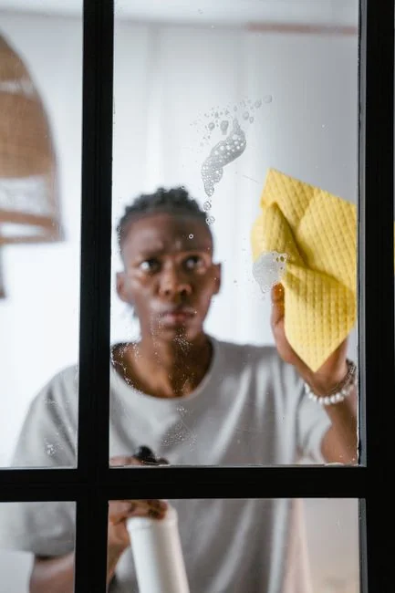 A housekeeper straightening the bed linens in a well-appointed hotel room.